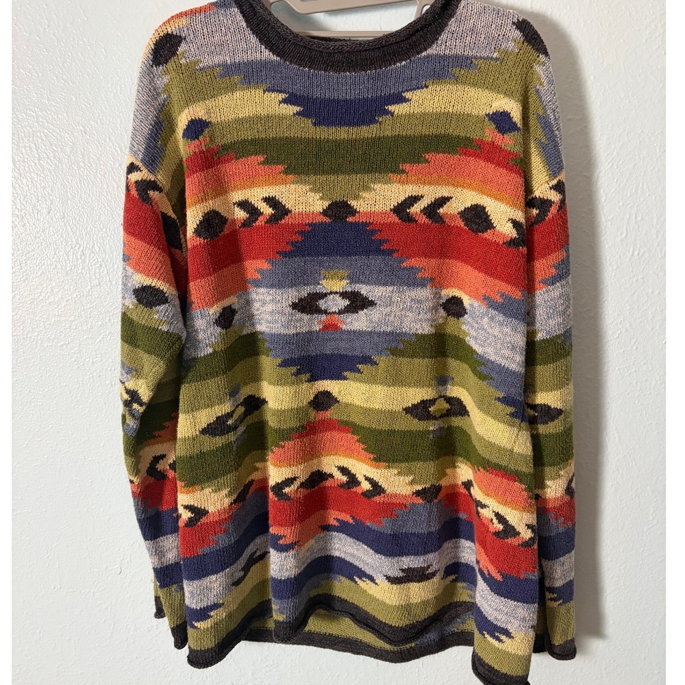 Northern Isles Womens L Southwestern Geometric Knit Sweater Multi Ramie Blend